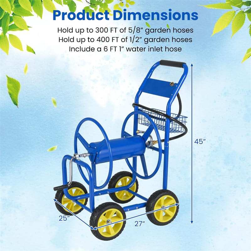 Heavy Duty Metal Garden Hose Reel Cart Holds 300FT of 5/8" Hose with 4 Wheels & Storage Basket, Portable Water Hose Organizer for Yard Lawn