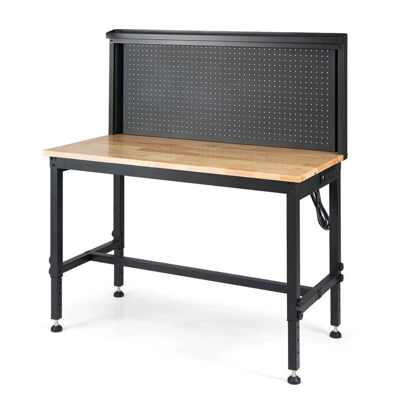 48" Heavy-Duty Workbench with AC/USB Outlets & Pegboard, 2000 LBS Max Load, Adjustable Height Rubberwood Top Tool Bench w/ Storage Shelf for Garage