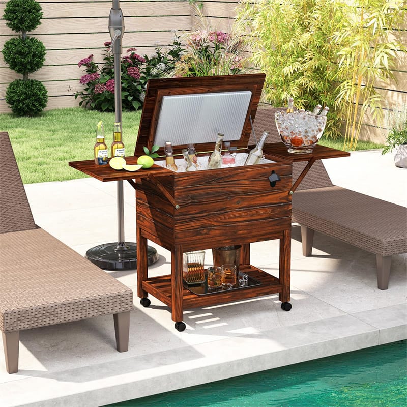 54 Quart Wooden Rolling Cooler Cart, Patio Ice Chest with 2 Drop Leaf Tables, Bottle Opener & Bottom Shelf, Insulated Pine Wood Beverage Bar for Party