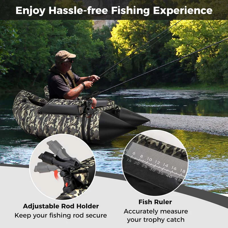 Inflatable Fishing Float Tube, 350 LBS Capacity Belly Boat with Paddle, Flippers, Rod Holder, Fish Ruler, Pump, Storage Bag & Adjustable Straps