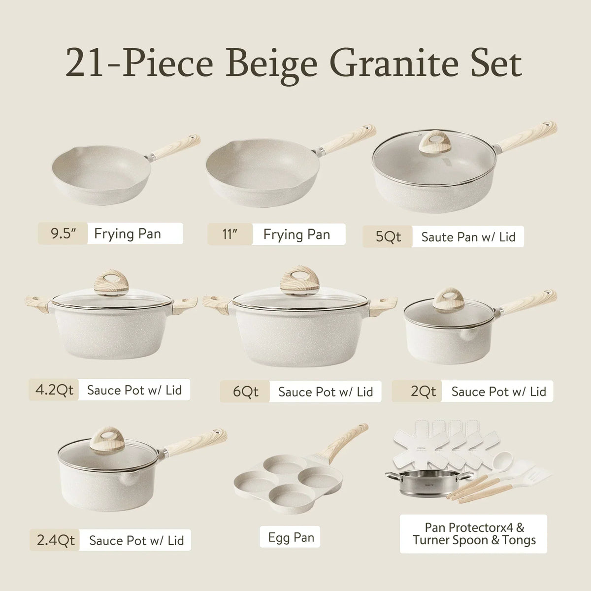 Non Stick Pots and Pans Set, 21 Pcs Induction Kitchen Cookware Sets (Beige Granite)