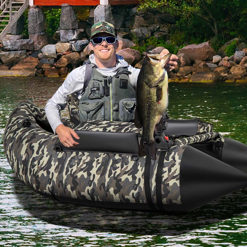 Inflatable Fishing Float Tube, 350 LBS Capacity Belly Boat with Paddle, Flippers, Rod Holder, Fish Ruler, Pump, Storage Bag & Adjustable Straps