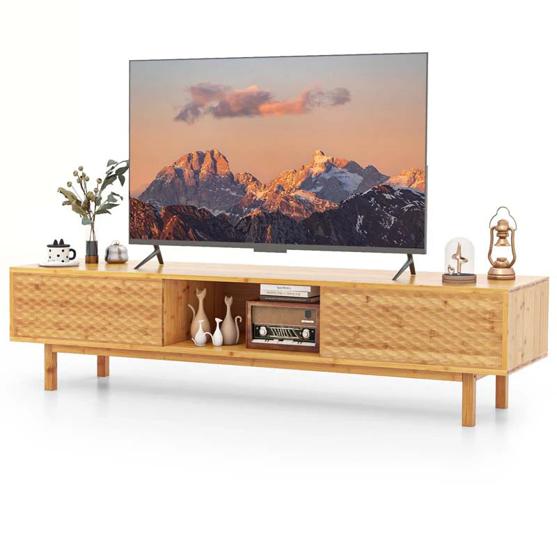 63" Bamboo TV Stand for Up to 70" TVs, Mid Century Modern Entertainment Center Media Console with Sliding Doors & 3 Storage Cubbies for Living Room