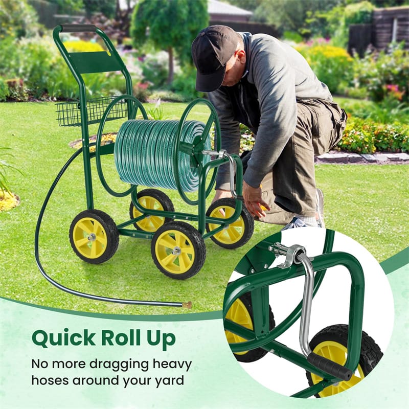 Heavy Duty Metal Garden Hose Reel Cart Holds 300FT of 5/8" Hose with 4 Wheels & Storage Basket, Portable Water Hose Organizer for Yard Lawn