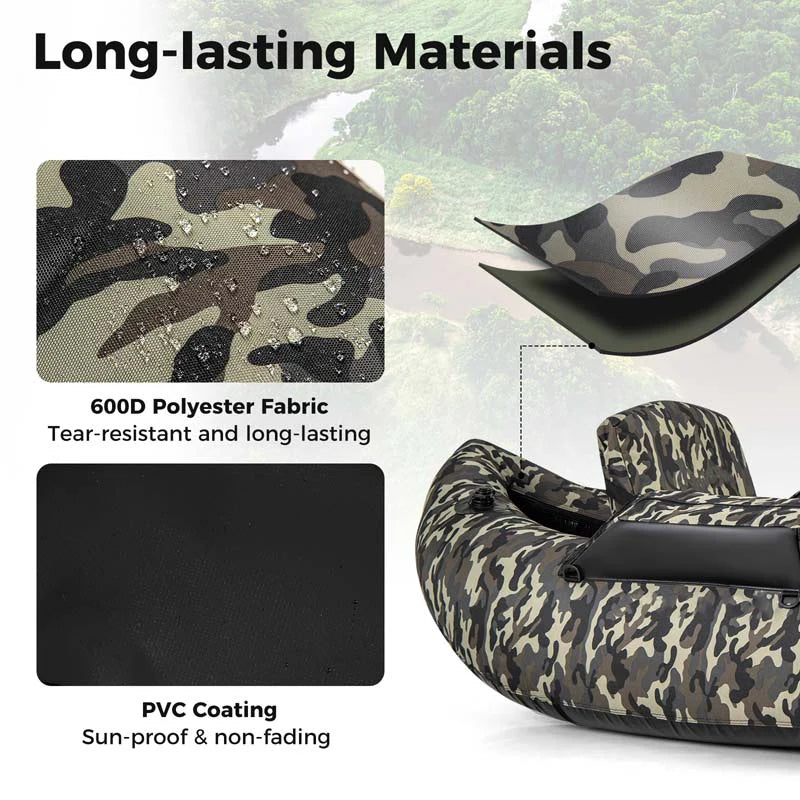 Inflatable Fishing Float Tube, 350 LBS Capacity Belly Boat with Paddle, Flippers, Rod Holder, Fish Ruler, Pump, Storage Bag & Adjustable Straps