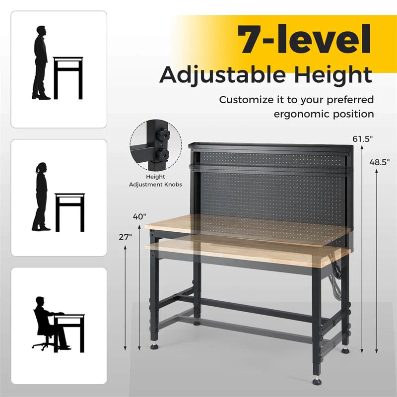 48" Heavy-Duty Workbench with AC/USB Outlets & Pegboard, 2000 LBS Max Load, Adjustable Height Rubberwood Top Tool Bench w/ Storage Shelf for Garage