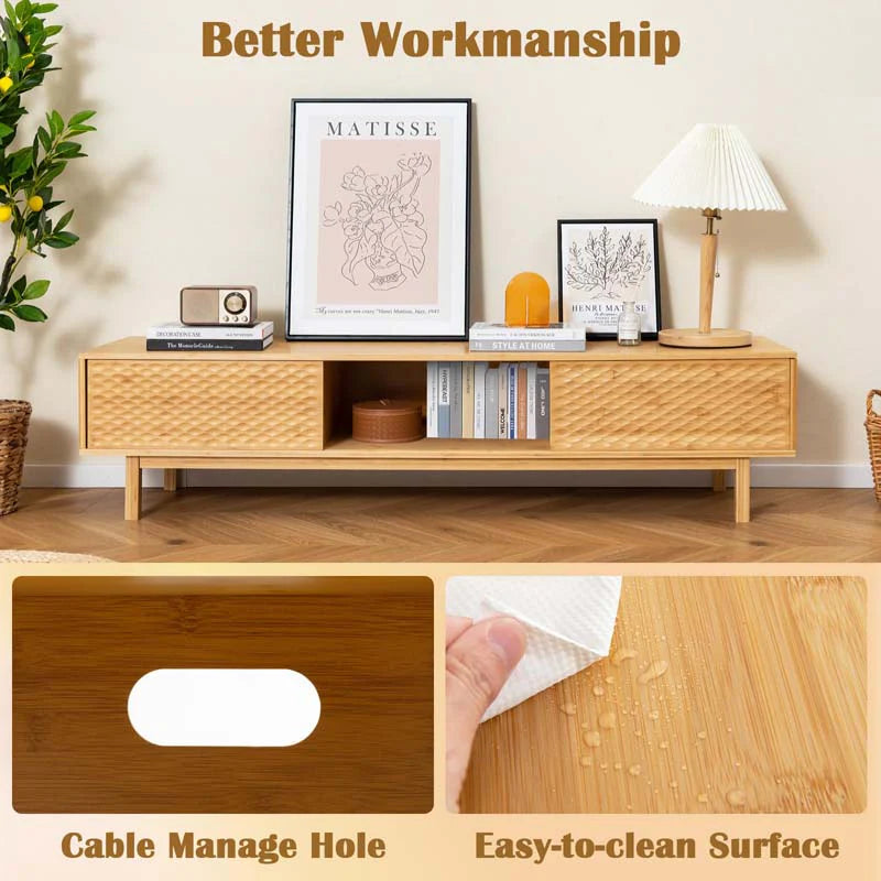 63" Bamboo TV Stand for Up to 70" TVs, Mid Century Modern Entertainment Center Media Console with Sliding Doors & 3 Storage Cubbies for Living Room
