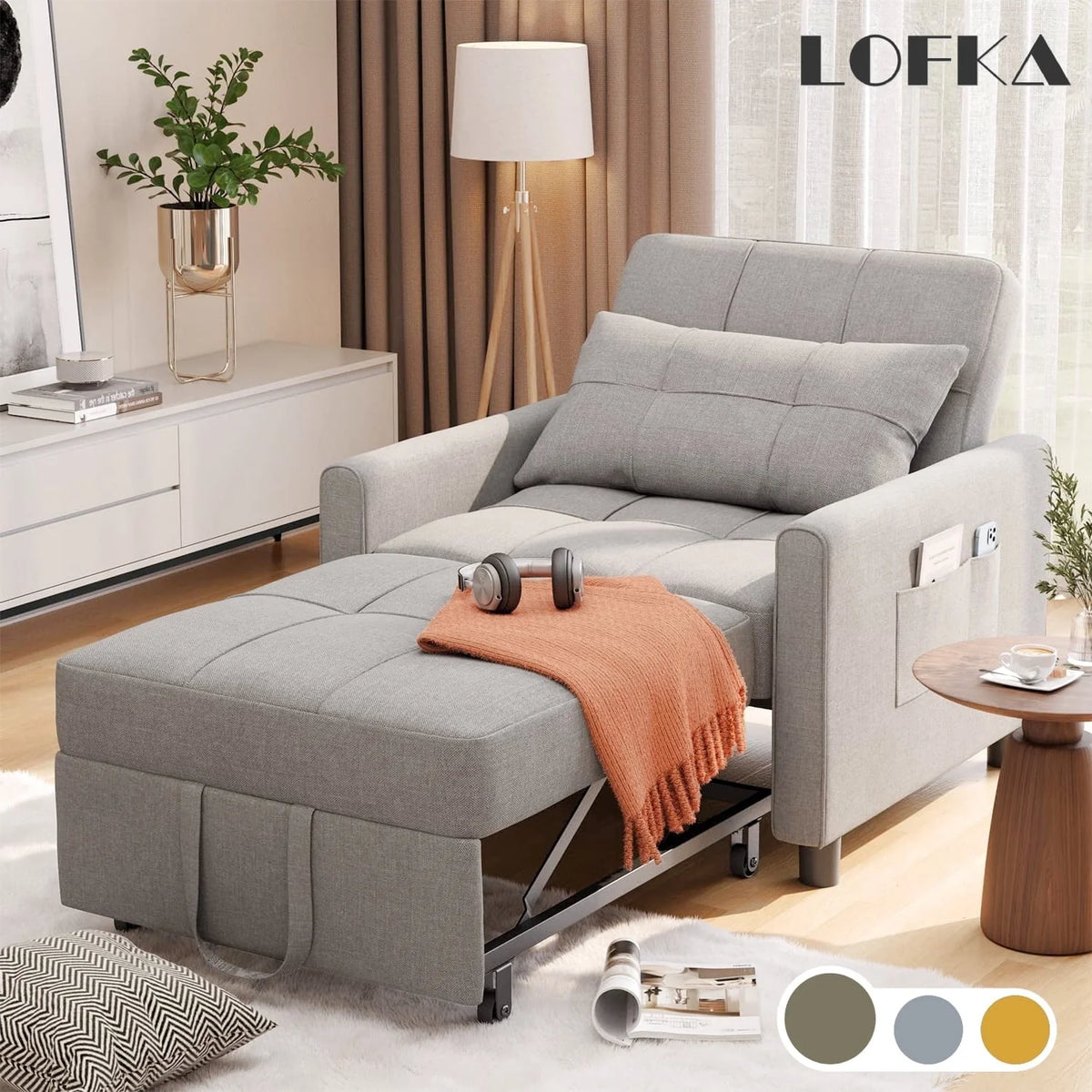 Lofka Chair Bed, Convertible Sofa Bed Couch Recliner Single Bed for Living Room/Office/Bedroom, Light Gray