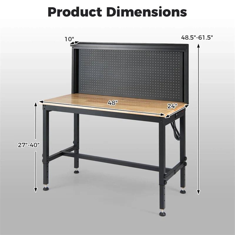 48" Heavy-Duty Workbench with AC/USB Outlets & Pegboard, 2000 LBS Max Load, Adjustable Height Rubberwood Top Tool Bench w/ Storage Shelf for Garage