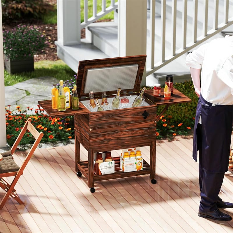 54 Quart Wooden Rolling Cooler Cart, Patio Ice Chest with 2 Drop Leaf Tables, Bottle Opener & Bottom Shelf, Insulated Pine Wood Beverage Bar for Party