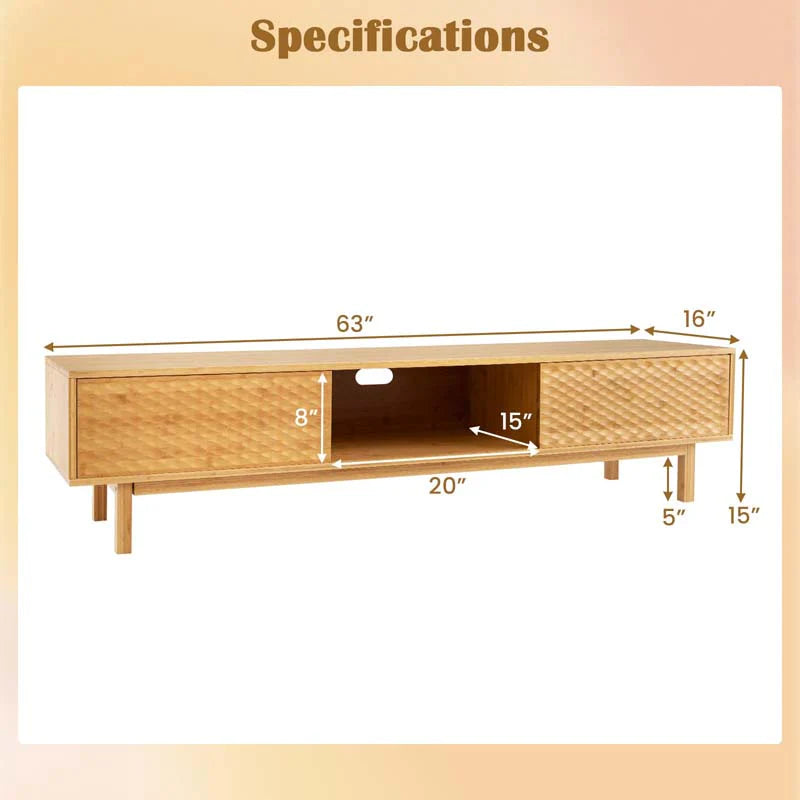 63" Bamboo TV Stand for Up to 70" TVs, Mid Century Modern Entertainment Center Media Console with Sliding Doors & 3 Storage Cubbies for Living Room