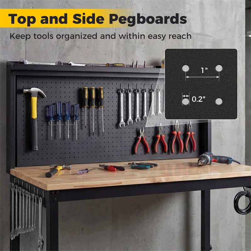 48" Heavy-Duty Workbench with AC/USB Outlets & Pegboard, 2000 LBS Max Load, Adjustable Height Rubberwood Top Tool Bench w/ Storage Shelf for Garage