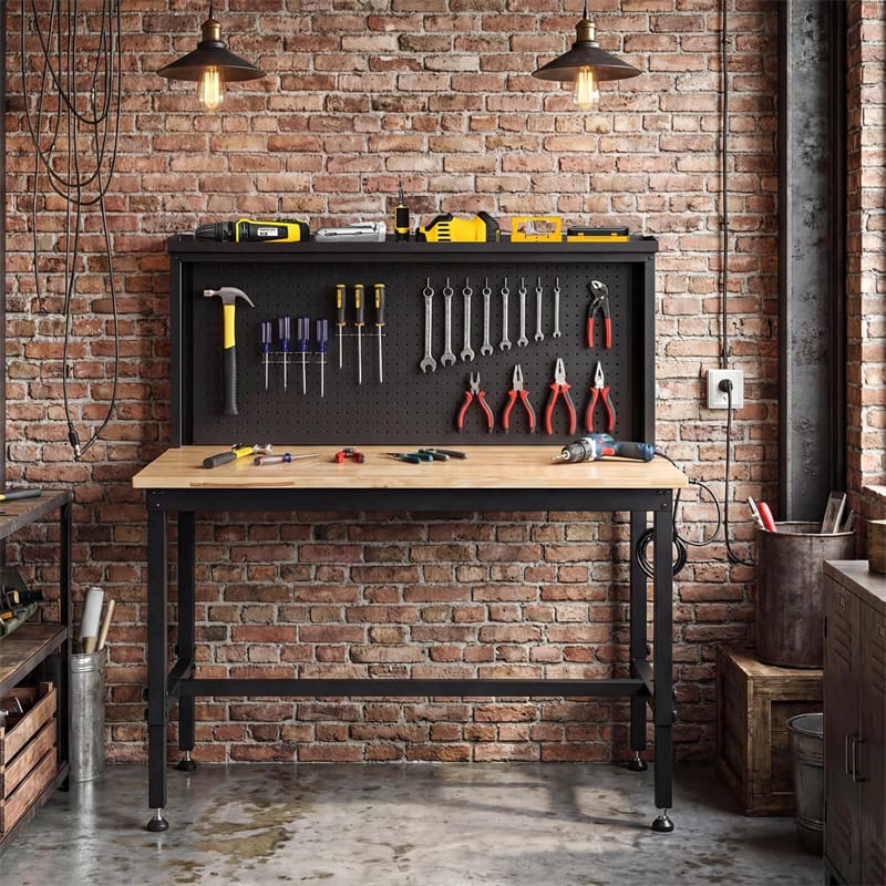 48" Heavy-Duty Workbench with AC/USB Outlets & Pegboard, 2000 LBS Max Load, Adjustable Height Rubberwood Top Tool Bench w/ Storage Shelf for Garage