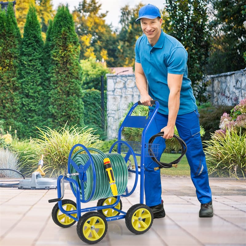 Heavy Duty Metal Garden Hose Reel Cart Holds 300FT of 5/8" Hose with 4 Wheels & Storage Basket, Portable Water Hose Organizer for Yard Lawn