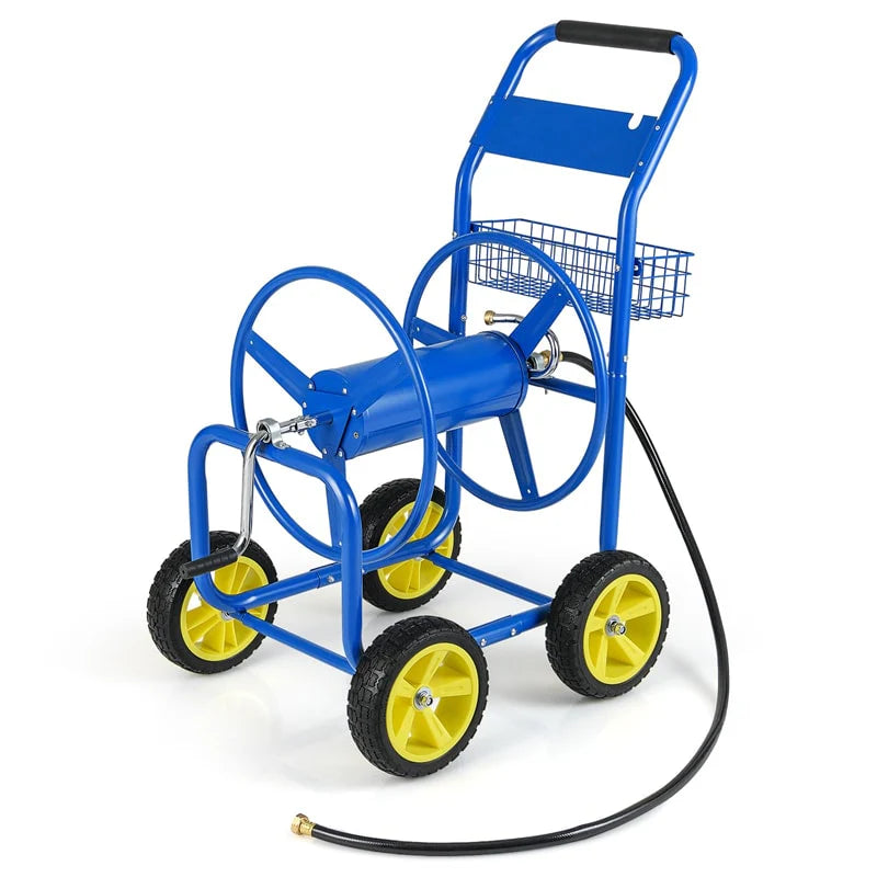 Heavy Duty Metal Garden Hose Reel Cart Holds 300FT of 5/8" Hose with 4 Wheels & Storage Basket, Portable Water Hose Organizer for Yard Lawn