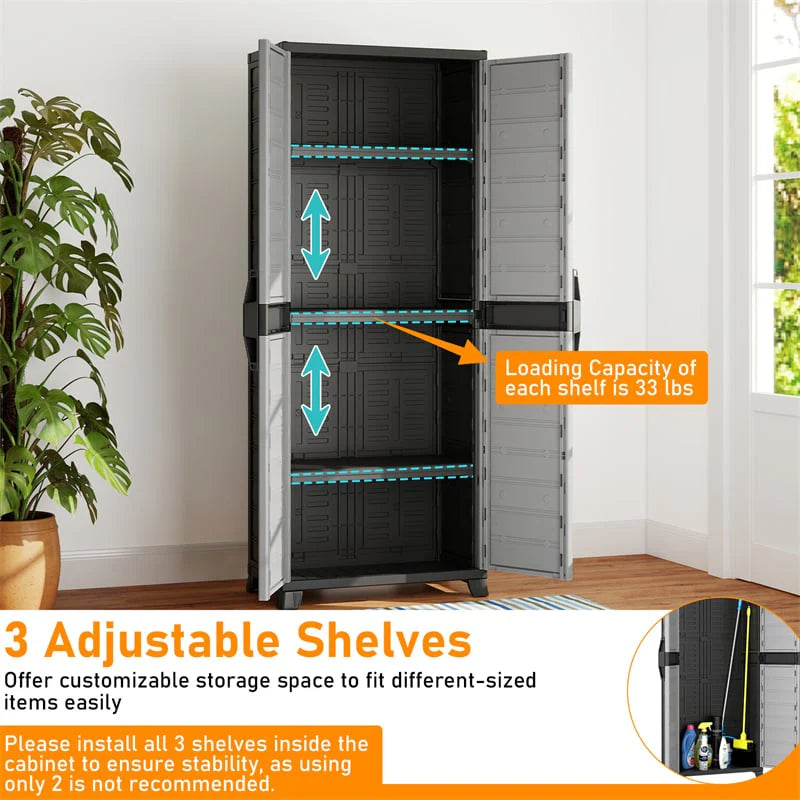68" Lockable Plastic Storage Cabinet with 3 Adjustable Shelves, Vertical Shelving Unit Utility Garage Organizer for Basement, Laundry Room & Mudroom