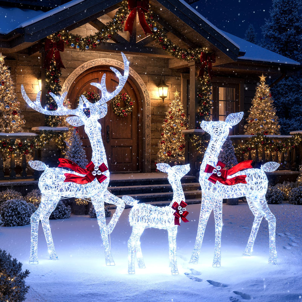 Tangkula 3-Piece Christmas Lighted Iridescent Reindeer Family Set with 215 Cold White LED Lights and Ground Stakes