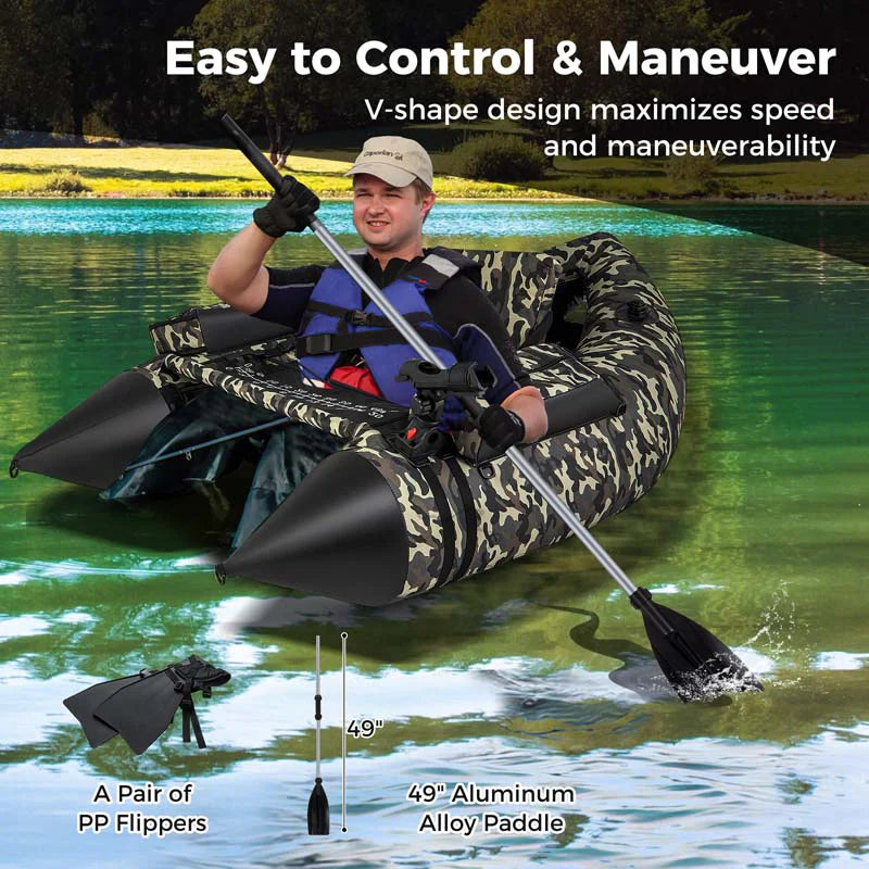 Inflatable Fishing Float Tube, 350 LBS Capacity Belly Boat with Paddle, Flippers, Rod Holder, Fish Ruler, Pump, Storage Bag & Adjustable Straps