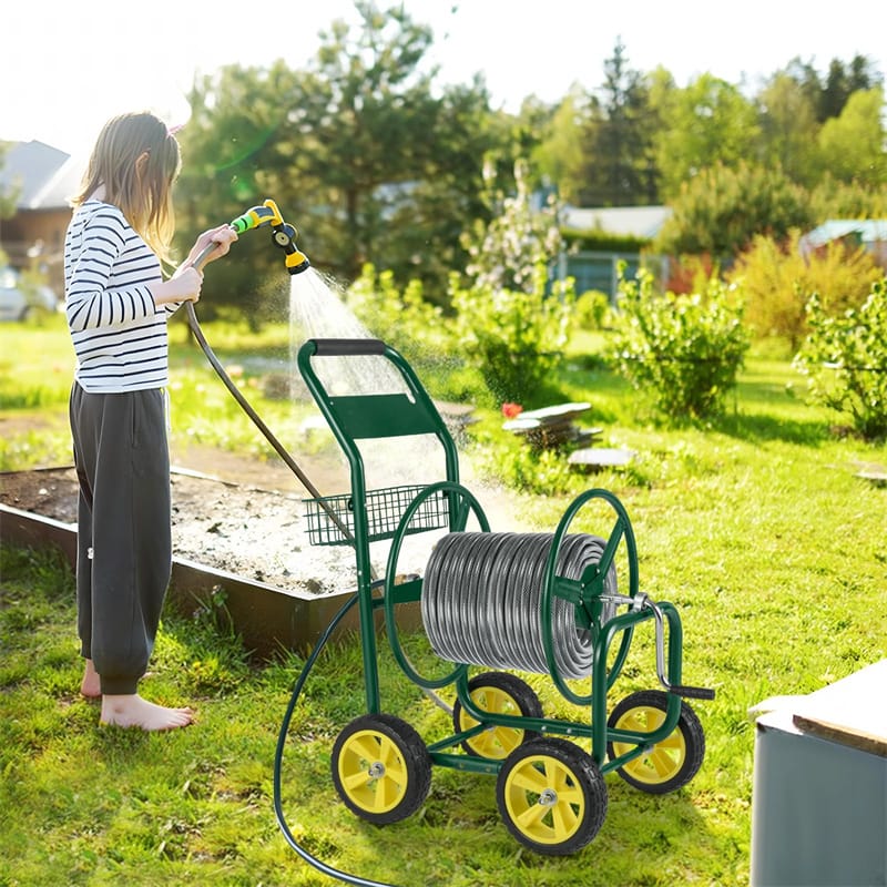 Heavy Duty Metal Garden Hose Reel Cart Holds 300FT of 5/8" Hose with 4 Wheels & Storage Basket, Portable Water Hose Organizer for Yard Lawn
