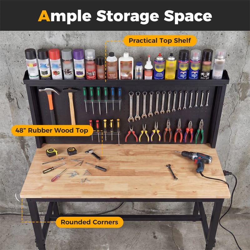 48" Heavy-Duty Workbench with AC/USB Outlets & Pegboard, 2000 LBS Max Load, Adjustable Height Rubberwood Top Tool Bench w/ Storage Shelf for Garage