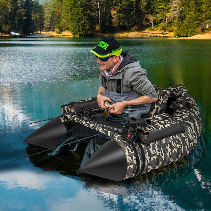 Inflatable Fishing Float Tube, 350 LBS Capacity Belly Boat with Paddle, Flippers, Rod Holder, Fish Ruler, Pump, Storage Bag & Adjustable Straps